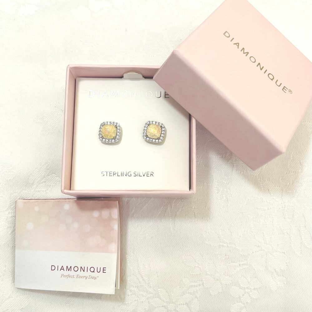Sterling Silver Diamonique Halo Opal Cubic Zirconia Earrings Stud Simulated Pave